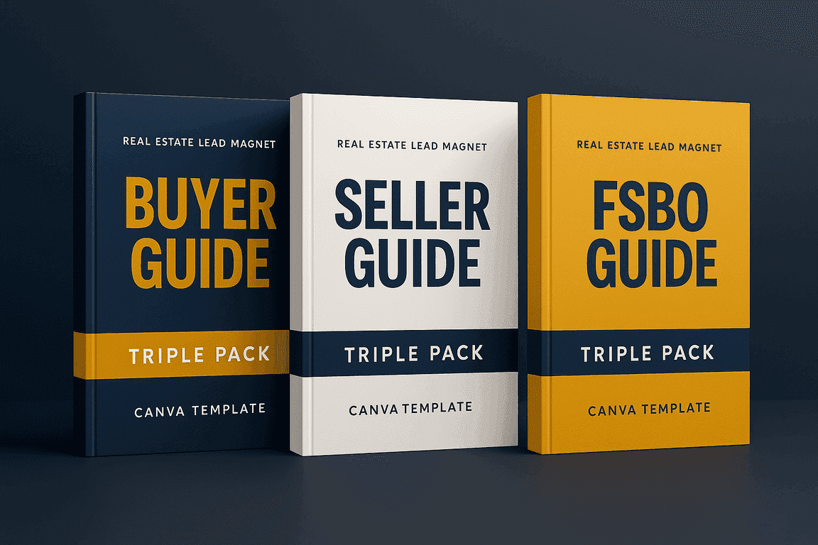 Three real estate lead magnet workbooks—Buyer Guide, Seller Guide, and FSBO Guide—displayed together on a navy background