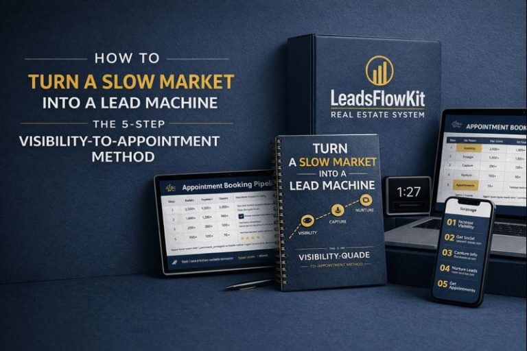 LeadsFlowKit banner showing a 5-step visibility-to-appointment marketing system with a workbook, laptop, tablet, and phone illustrating how real estate agents turn a slow market into booked appointments.
