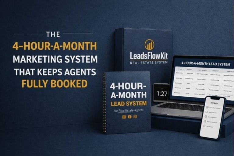 LeadsFlowKit marketing system displayed with digital devices and workbooks illustrating a 4-hour-per-month real estate marketing workflow that keeps agents fully booked.