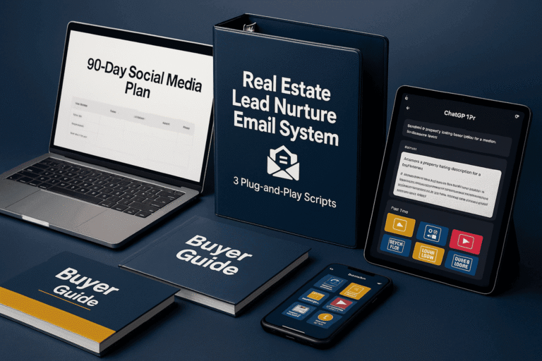 LeadsFlowKit Lead Nurture Email System binder and digital devices arranged to represent a 3-email automated follow-up sequence for agents.