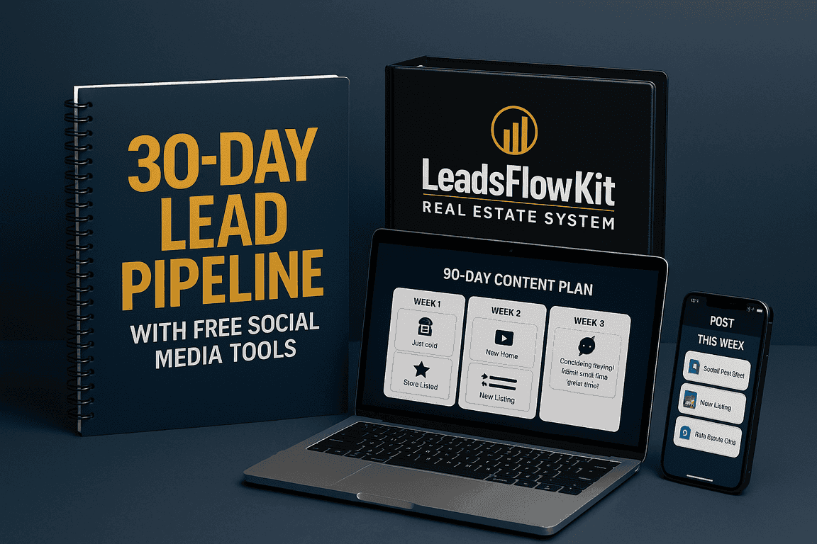 30-Day Lead Pipeline spiral workbook, LeadsFlowKit real estate lead pipeline binder, and digital devices showcasing free social media tools.