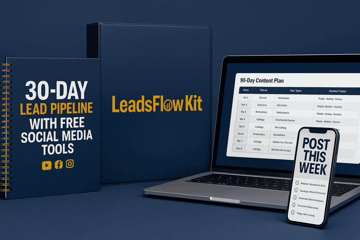 Action Plan workbook, LeadsFlowKit binder, and digital tools representing solutions to common real estate marketing failures.