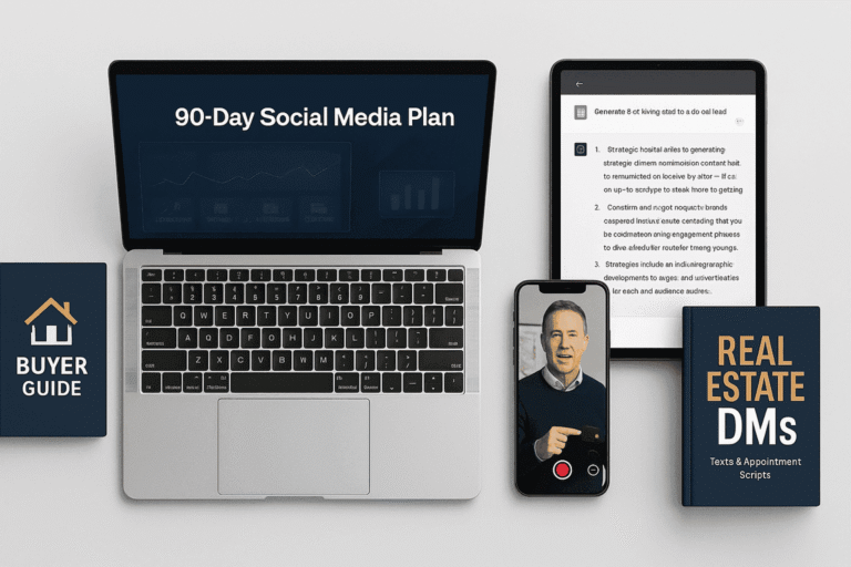 Digital image showing real estate lead generation guides, a laptop, and mobile content screens demonstrating how to convert social media views into leads.