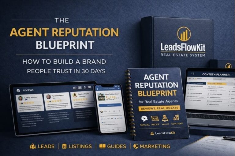 LeadsFlowKit banner showing a real estate branding system with reputation-building guides, digital devices, and trust-focused marketing tools for agents.