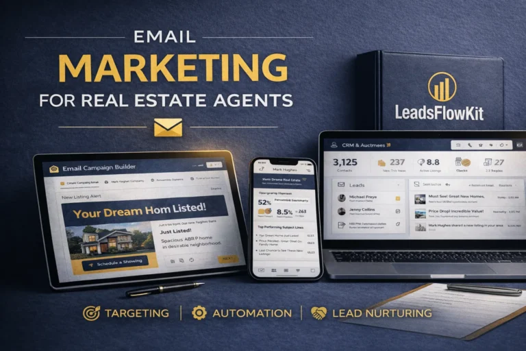 High-resolution digital graphic showcasing a modern workspace for real estate email marketing. Includes a laptop and tablet displaying email campaign dashboards, a phone showing CRM stats, and subtle property icons. Colors: navy, gold, white, and dark gray. Emphasizes targeting, automation, and lead nurturing.