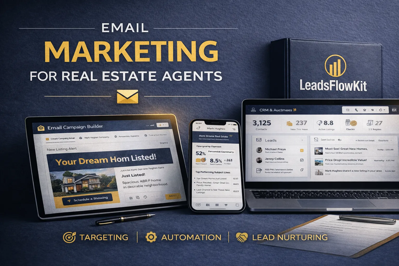High-resolution digital graphic showcasing a modern workspace for real estate email marketing. Includes a laptop and tablet displaying email campaign dashboards, a phone showing CRM stats, and subtle property icons. Colors: navy, gold, white, and dark gray. Emphasizes targeting, automation, and lead nurturing.